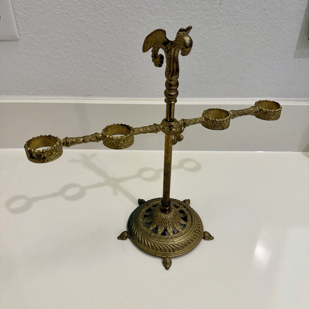 Vintage Brass Griffin Display Stand 4 Ring Holder Hollywood Regency Ornate T Bar